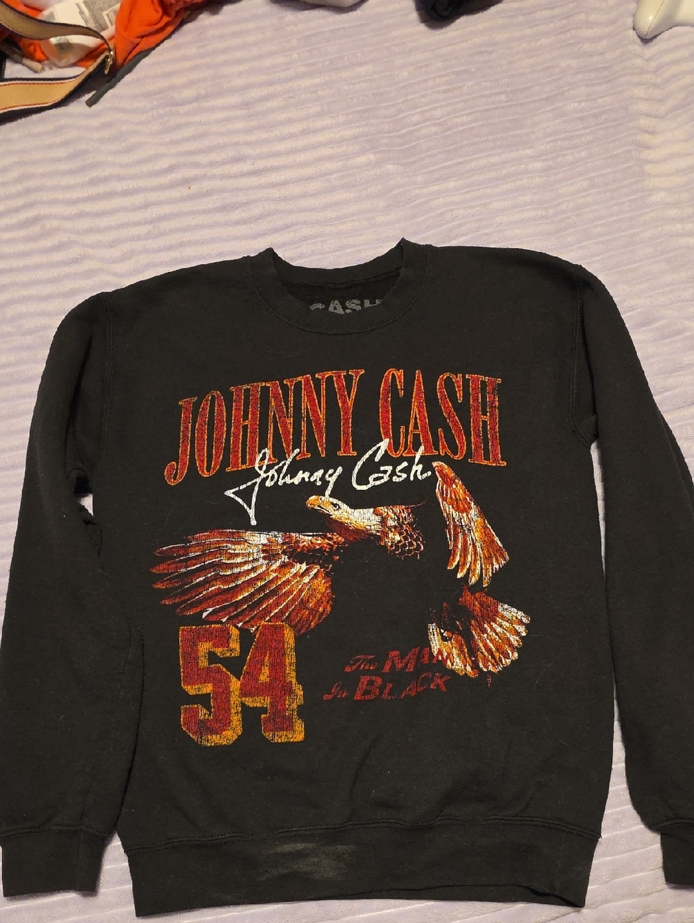 Ash Black Crewneck Sweater with Red and Gold Johnny Cash Graphic